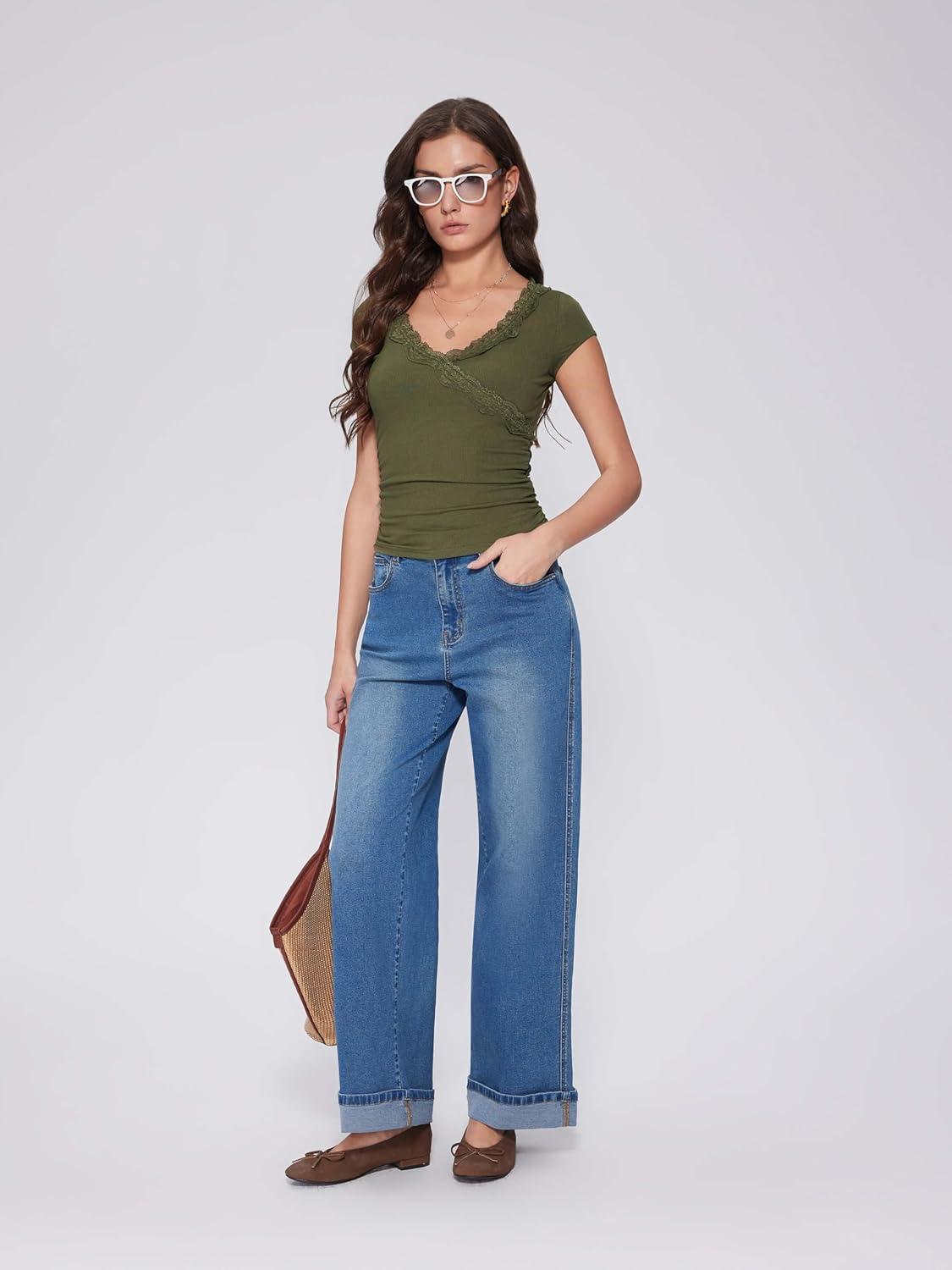 imageVinova Summer Tops for Women Lace Trim V Neck Short Sleeve Sexy Going Out Tops Fitted Cute T Shirts Solid Tee TrendyGreen