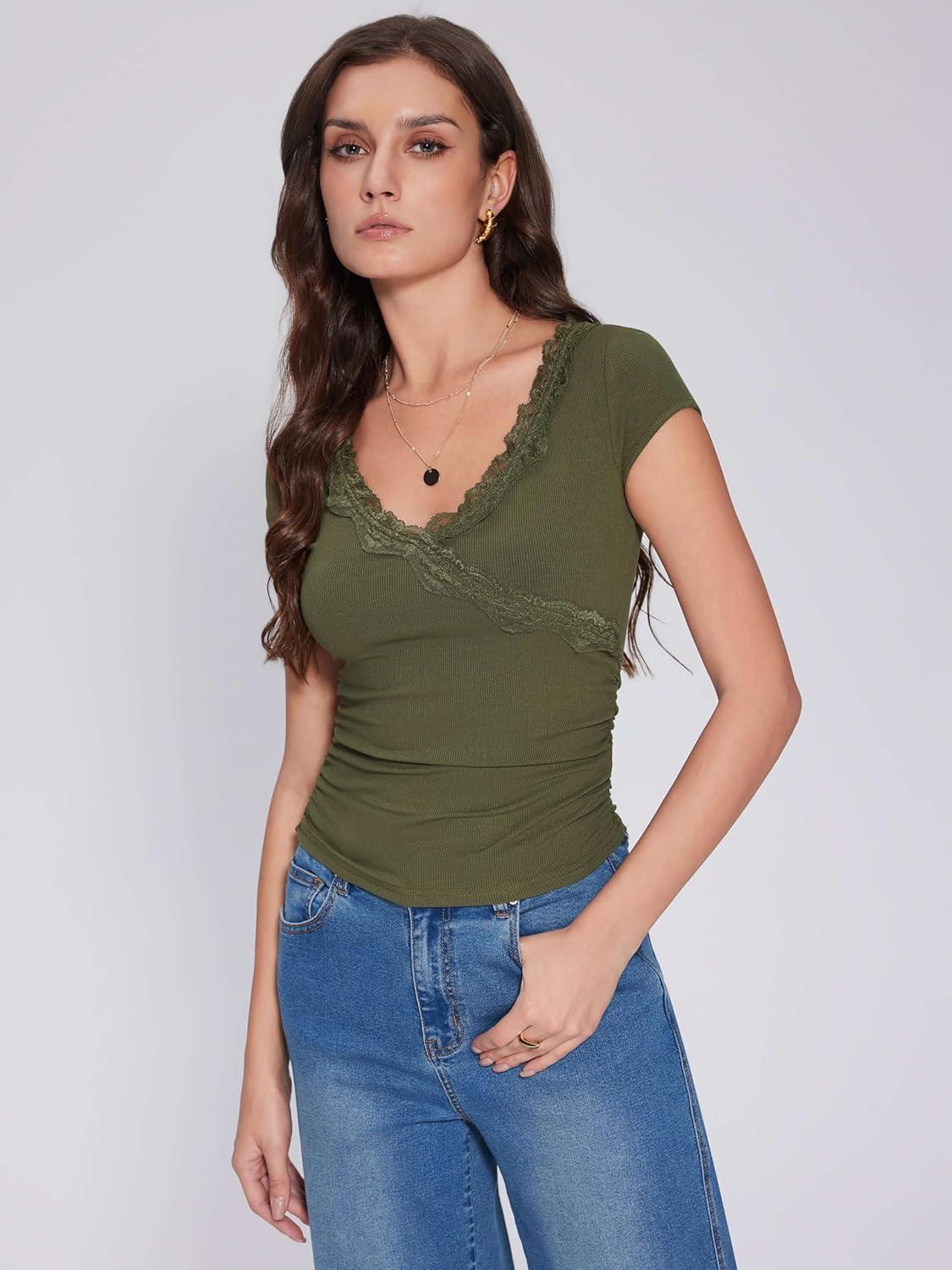 imageVinova Summer Tops for Women Lace Trim V Neck Short Sleeve Sexy Going Out Tops Fitted Cute T Shirts Solid Tee TrendyGreen