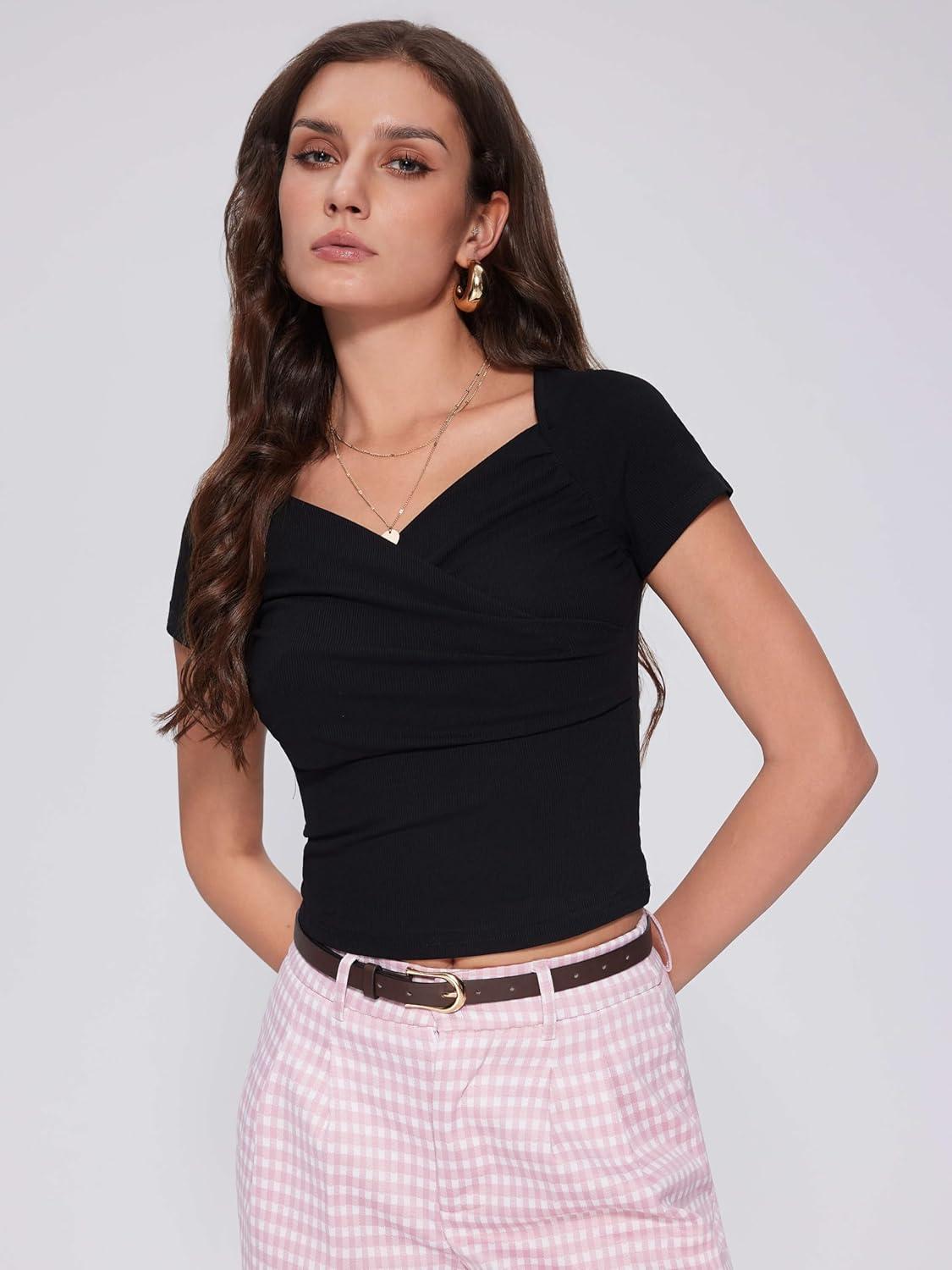 imageVinova Summer Tops for Women Short Sleeve V Neck Slim Fit Ruched Going Out Tops Sexy Crop Top Tee T ShirtBlack