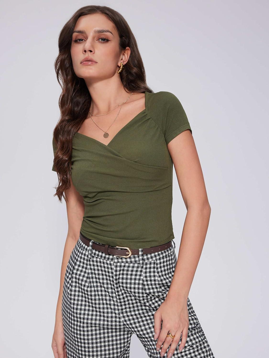 imageVinova Summer Tops for Women Short Sleeve V Neck Slim Fit Ruched Going Out Tops Sexy Crop Top Tee T ShirtGreen