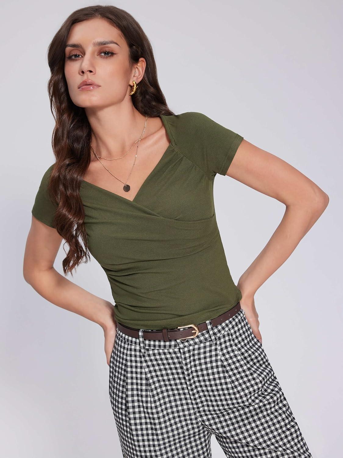 imageVinova Summer Tops for Women Short Sleeve V Neck Slim Fit Ruched Going Out Tops Sexy Crop Top Tee T ShirtGreen