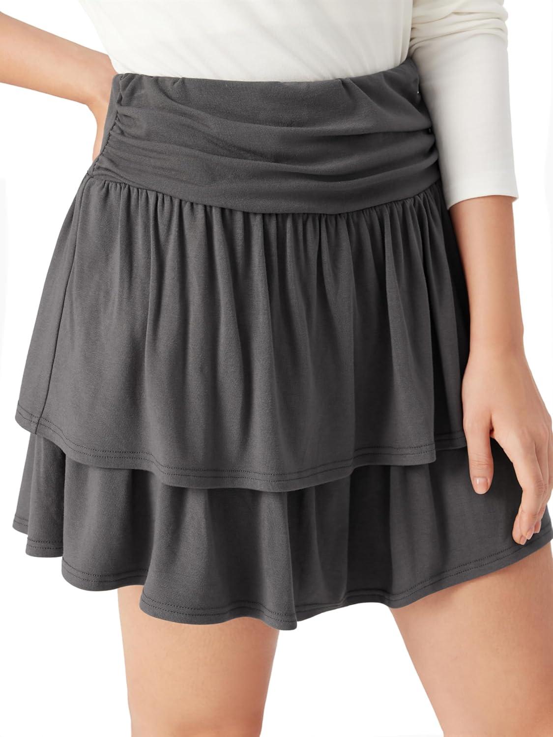 imageVinova Tiered Ruffle Mini Skirt High Waisted Ruched Skirt for WomenGrey