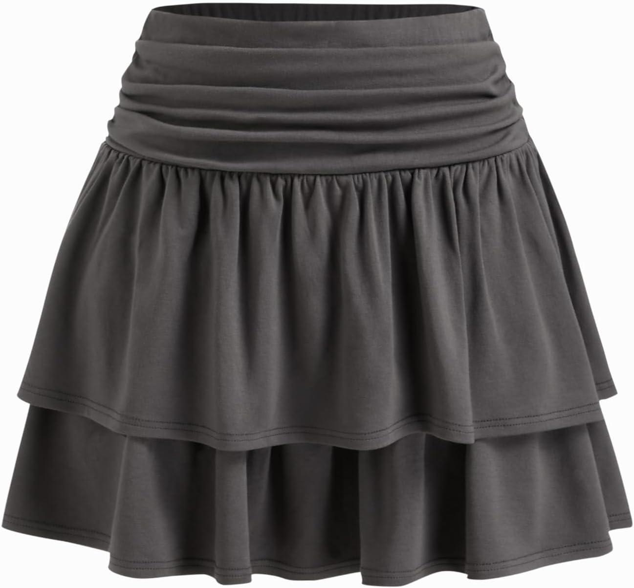 imageVinova Tiered Ruffle Mini Skirt High Waisted Ruched Skirt for WomenGrey