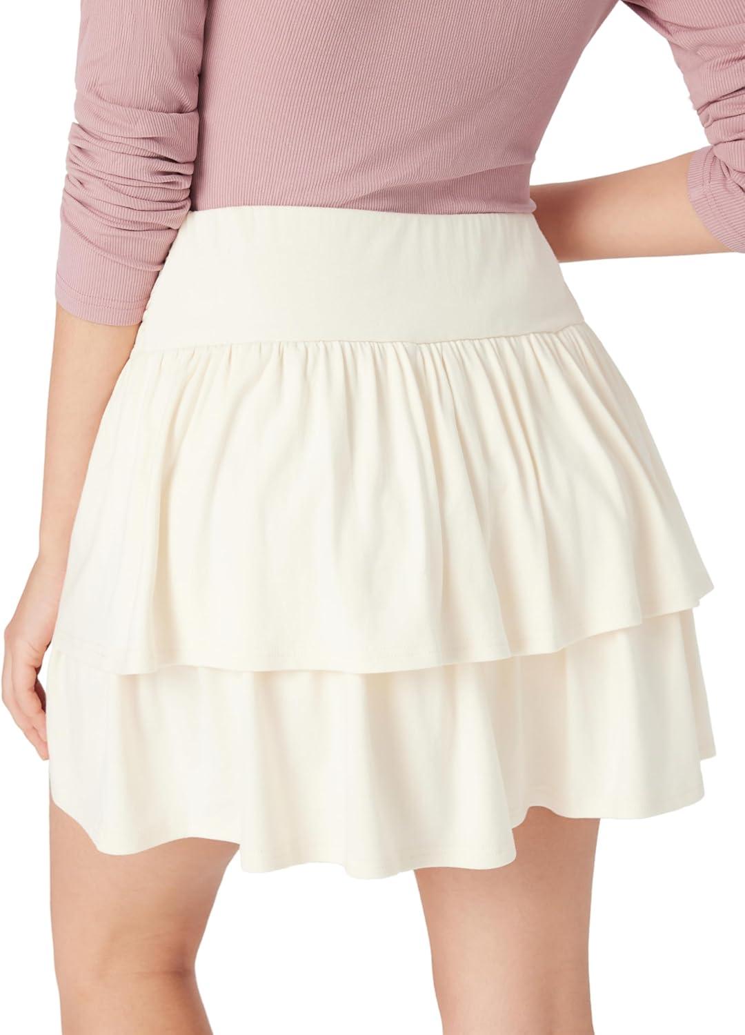 imageVinova Tiered Ruffle Mini Skirt High Waisted Ruched Skirt for WomenWhite