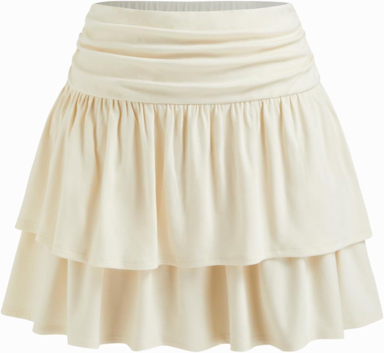 imageVinova Tiered Ruffle Mini Skirt High Waisted Ruched Skirt for WomenWhite