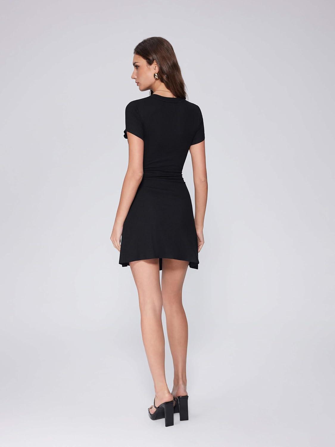 imageVinova Women Tie Waist Dress Summer Crew Neck Wrap Mini Dresses Short Sleeve Ruched Bodycon SundressBlack