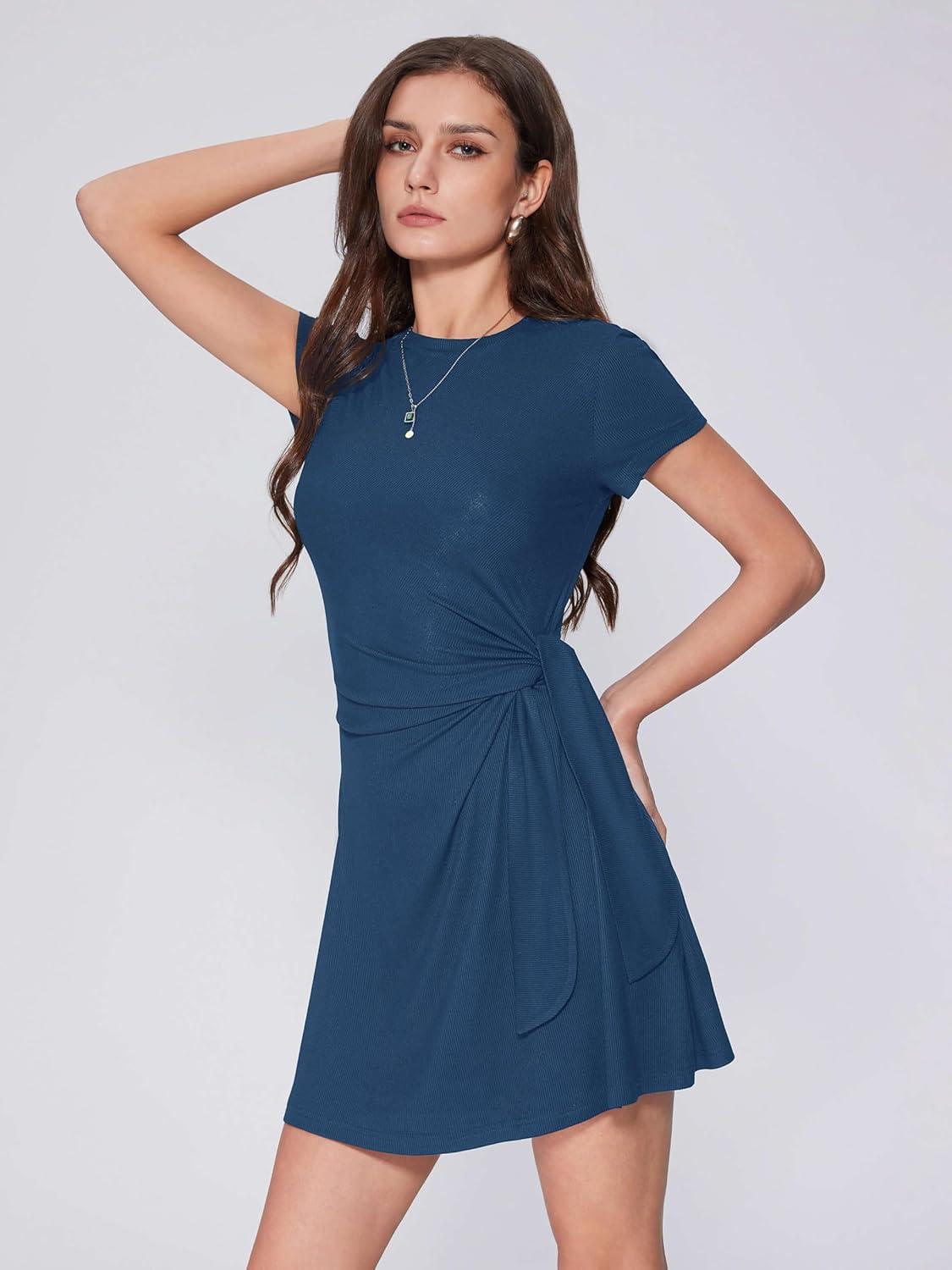 imageVinova Women Tie Waist Dress Summer Crew Neck Wrap Mini Dresses Short Sleeve Ruched Bodycon SundressBlue