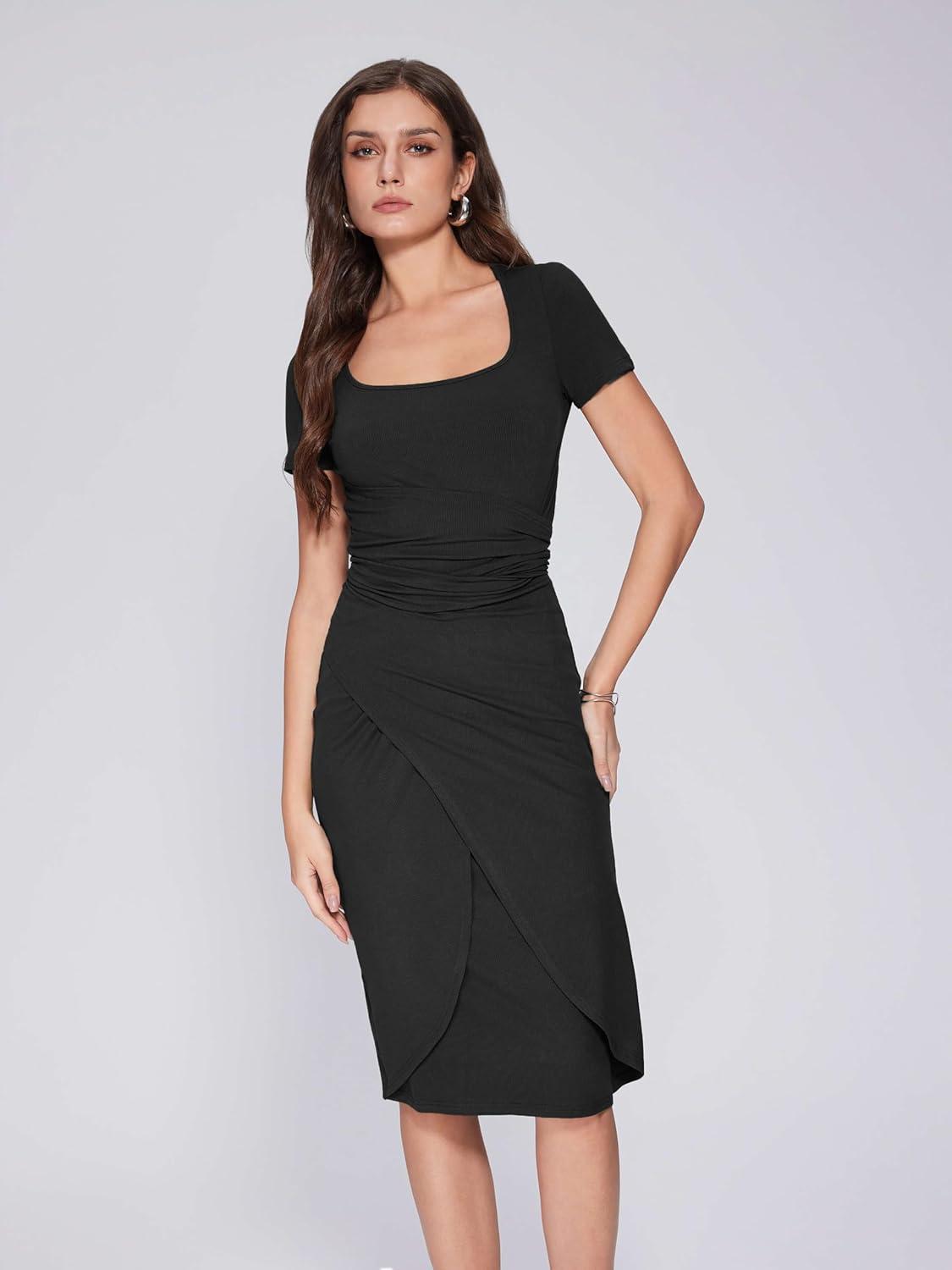 imageVinova Women Wrap Midi Dress Summer Square Neck Sundress Cocktail Bodycon Ruched DressesBlack