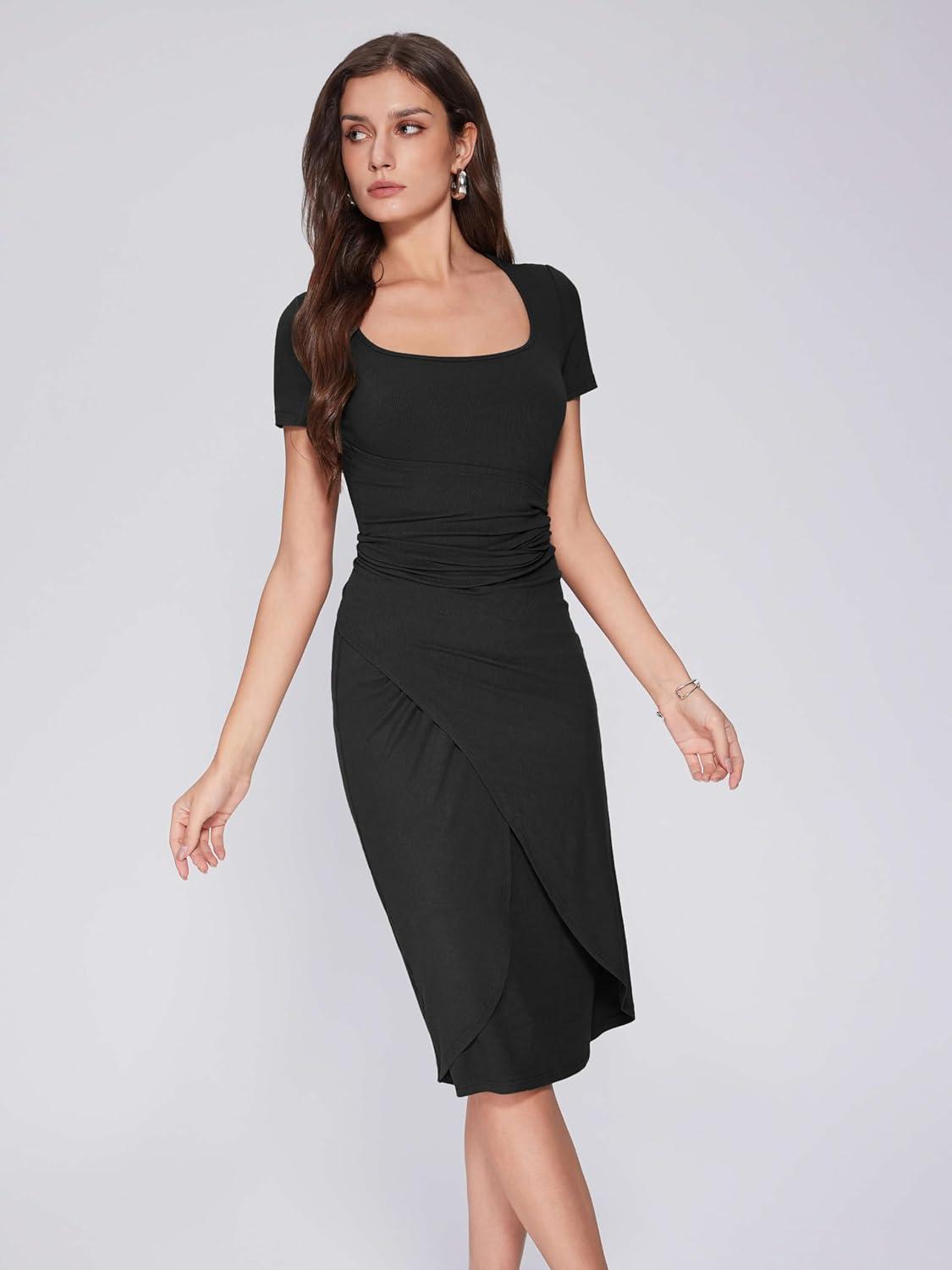 imageVinova Women Wrap Midi Dress Summer Square Neck Sundress Cocktail Bodycon Ruched DressesBlack