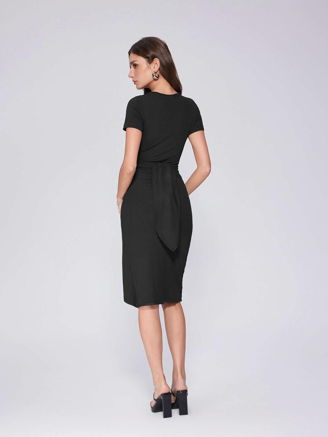 imageVinova Women Wrap Midi Dress Summer Square Neck Sundress Cocktail Bodycon Ruched DressesBlack