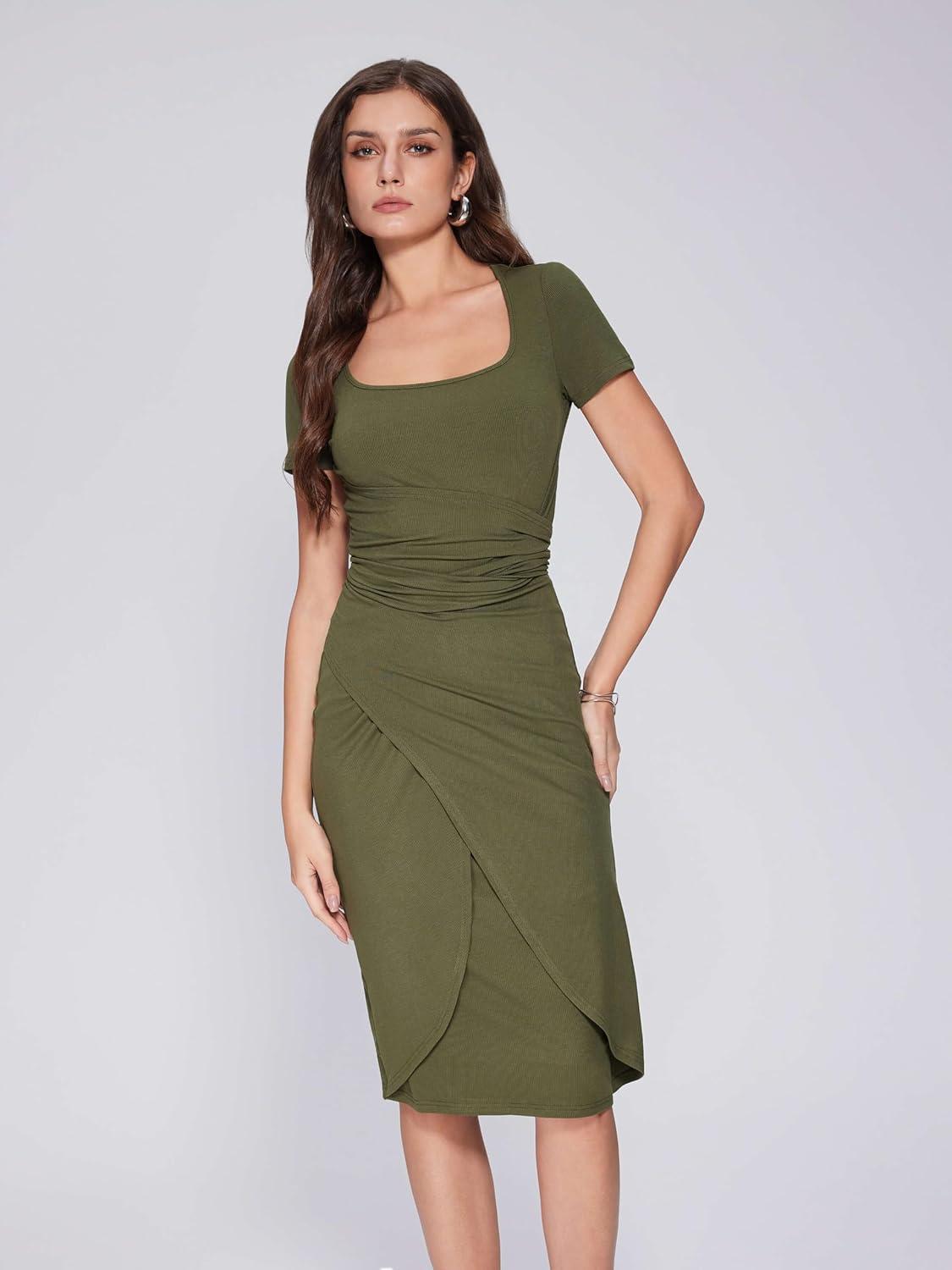 imageVinova Women Wrap Midi Dress Summer Square Neck Sundress Cocktail Bodycon Ruched DressesOlive Green