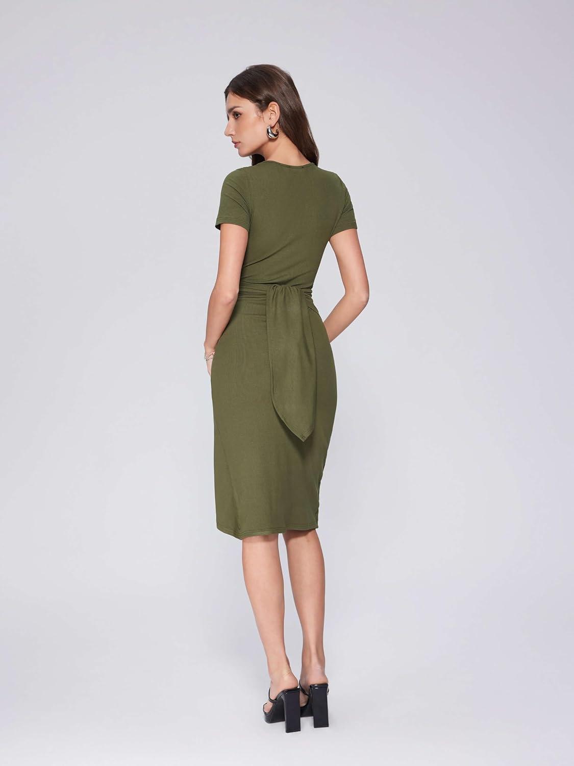 imageVinova Women Wrap Midi Dress Summer Square Neck Sundress Cocktail Bodycon Ruched DressesOlive Green