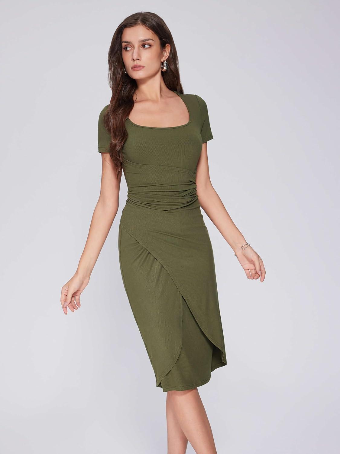 imageVinova Women Wrap Midi Dress Summer Square Neck Sundress Cocktail Bodycon Ruched DressesOlive Green