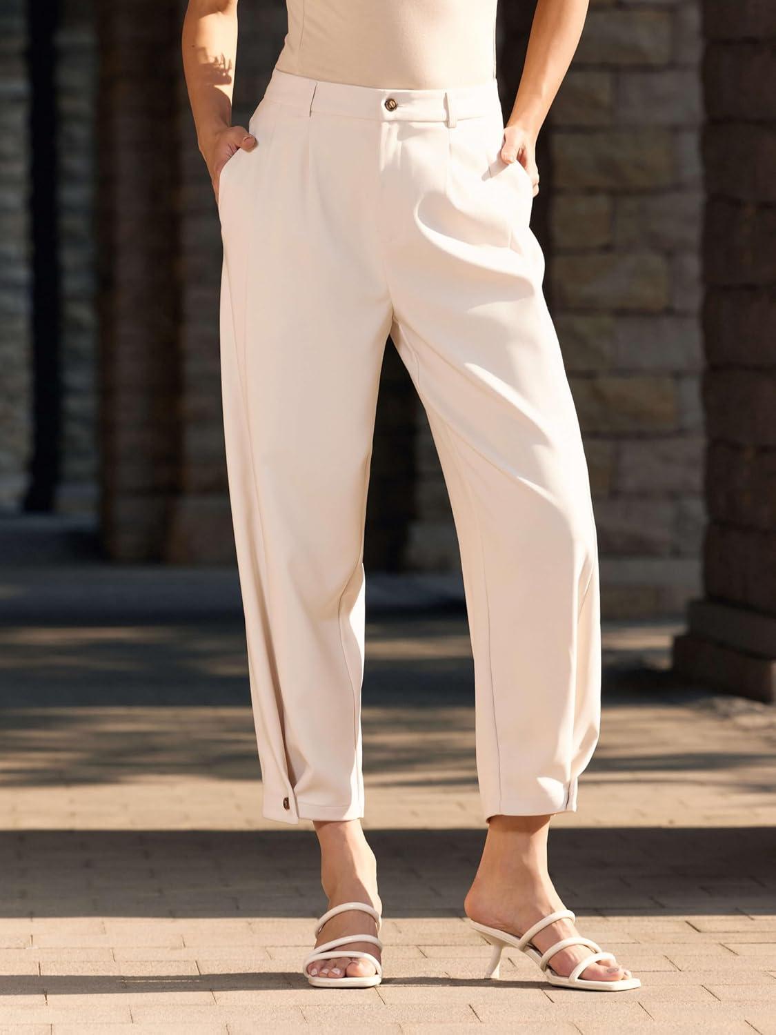 imageVinova Womens Barrel Pants Stretchy High Waisted Wide Leg Work Pants Business Casual Outfits 2025Beige