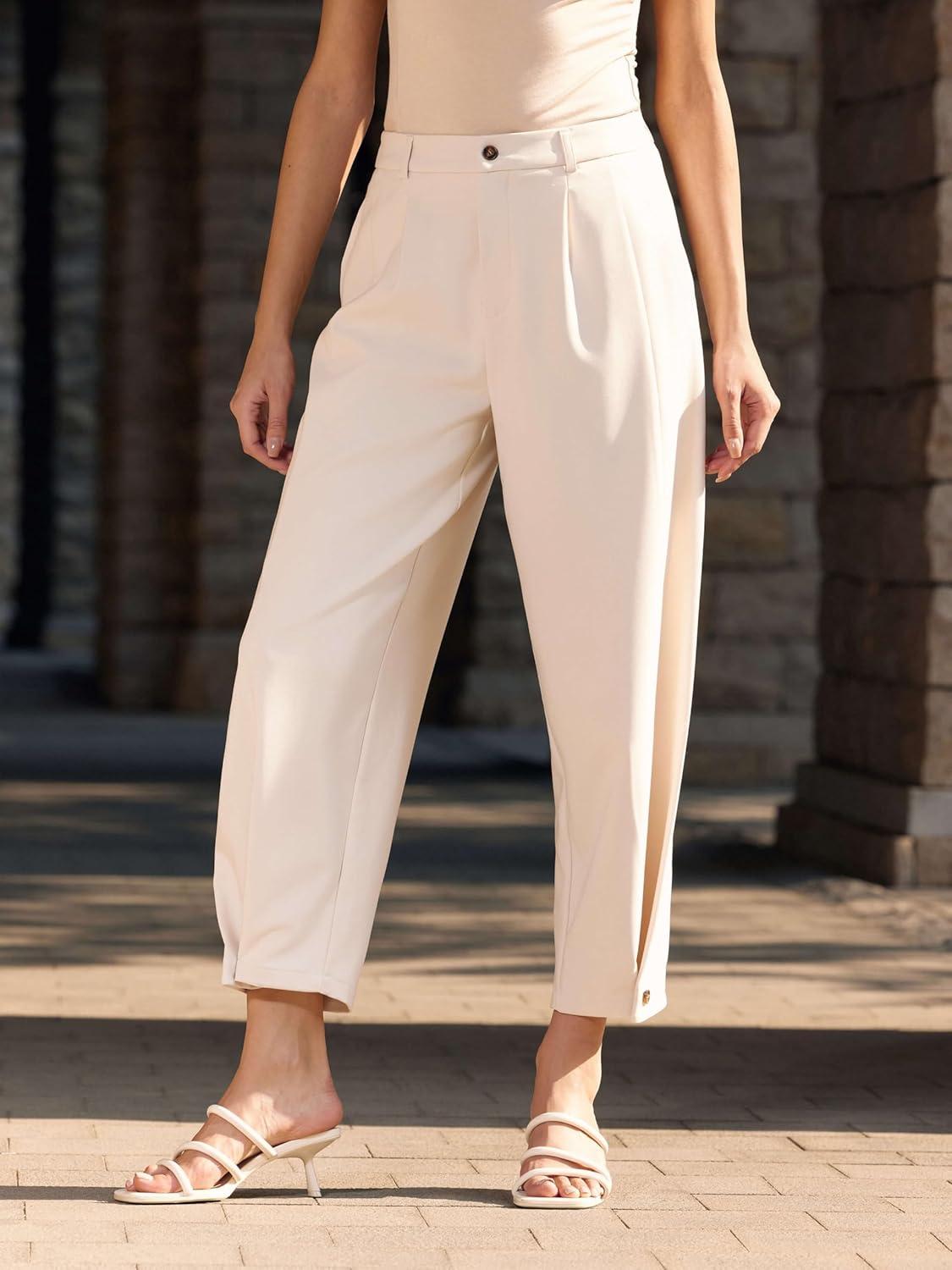 imageVinova Womens Barrel Pants Stretchy High Waisted Wide Leg Work Pants Business Casual Outfits 2025Beige