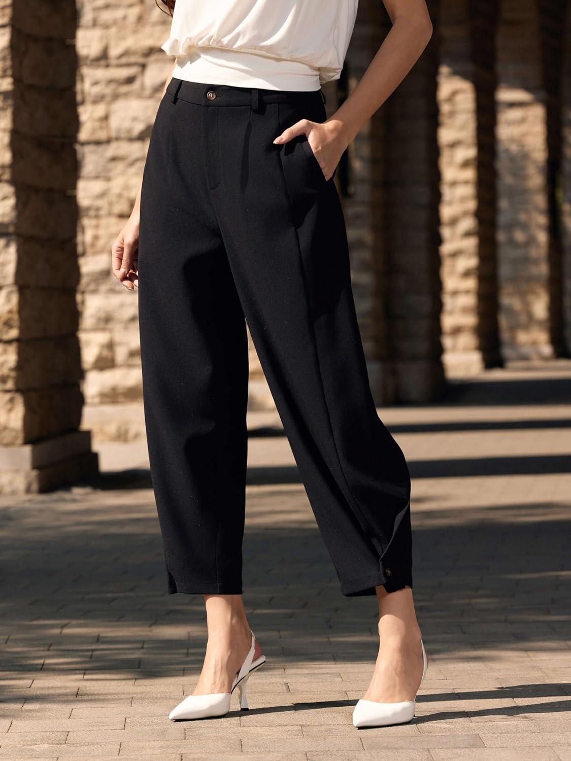 imageVinova Womens Barrel Pants Stretchy High Waisted Wide Leg Work Pants Business Casual Outfits 2025Black