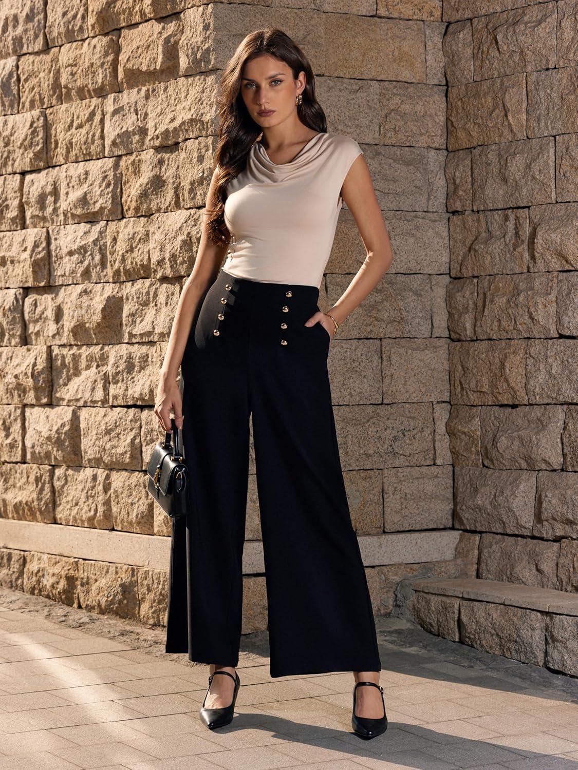 imageVinova Womens Dressy Pants Straight Wide Leg High Waisted Buttoned Stretchy Work Business Casual Outfits 2025Black