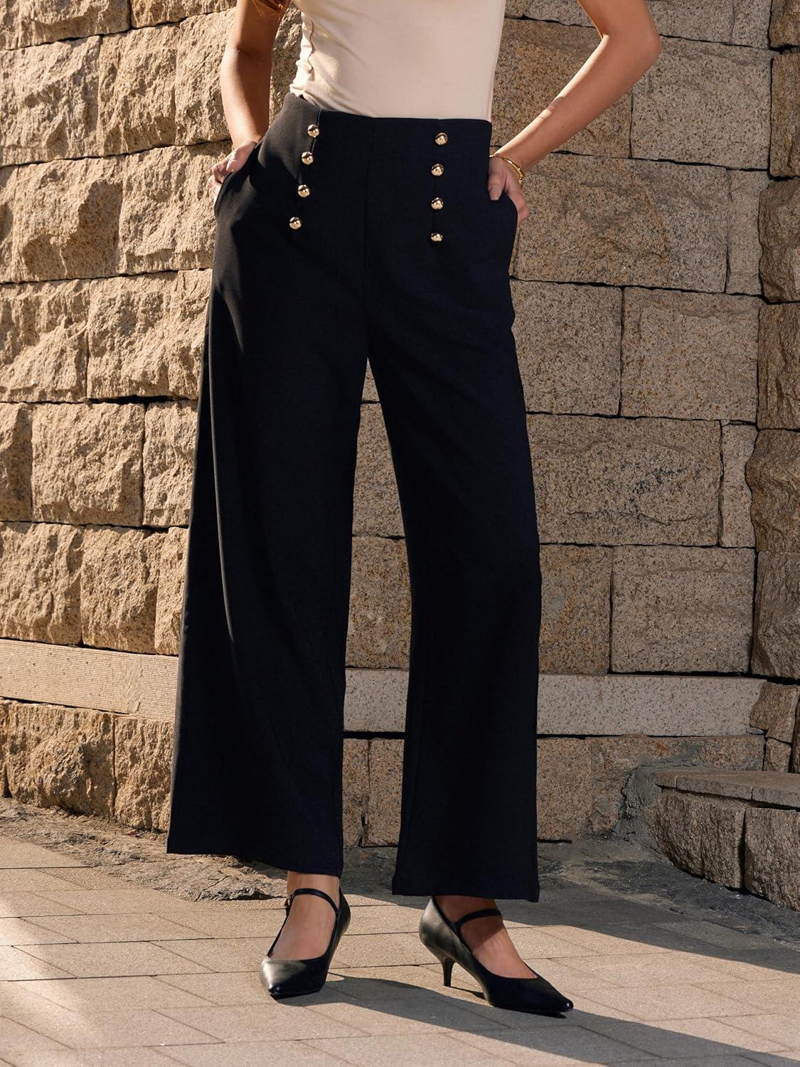 imageVinova Womens Dressy Pants Straight Wide Leg High Waisted Buttoned Stretchy Work Business Casual Outfits 2025Grey