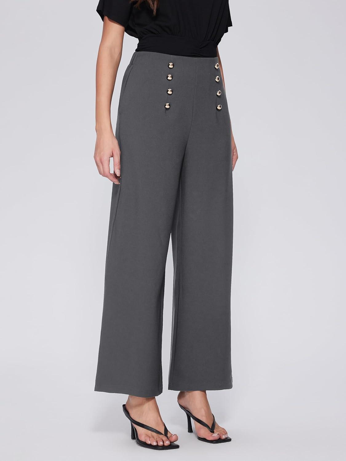 imageVinova Womens Dressy Pants Straight Wide Leg High Waisted Buttoned Stretchy Work Business Casual Outfits 2025Grey