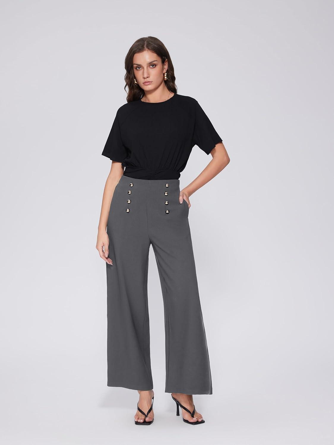 imageVinova Womens Dressy Pants Straight Wide Leg High Waisted Buttoned Stretchy Work Business Casual Outfits 2025Grey