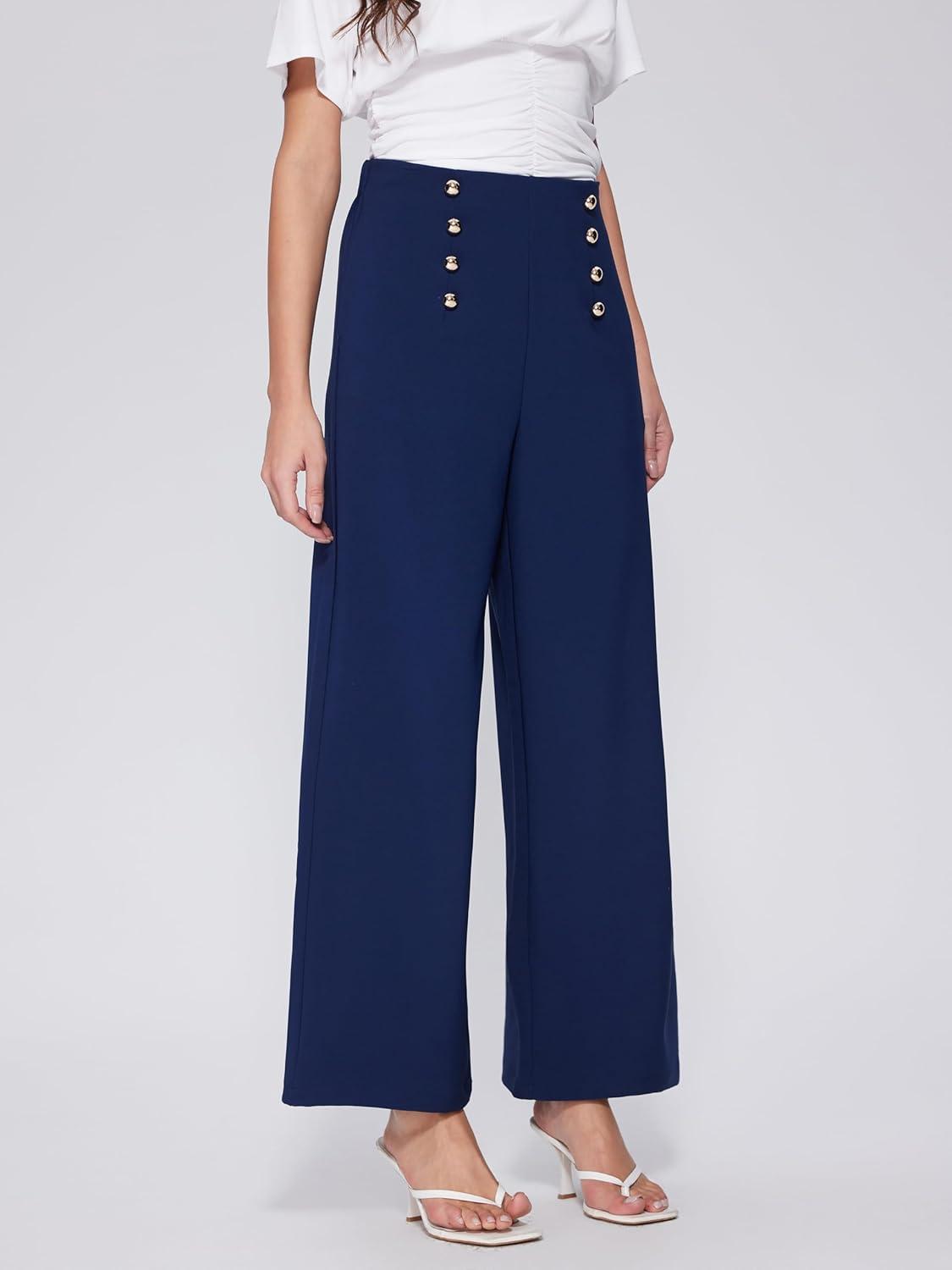 imageVinova Womens Dressy Pants Straight Wide Leg High Waisted Buttoned Stretchy Work Business Casual Outfits 2025Navy Blue