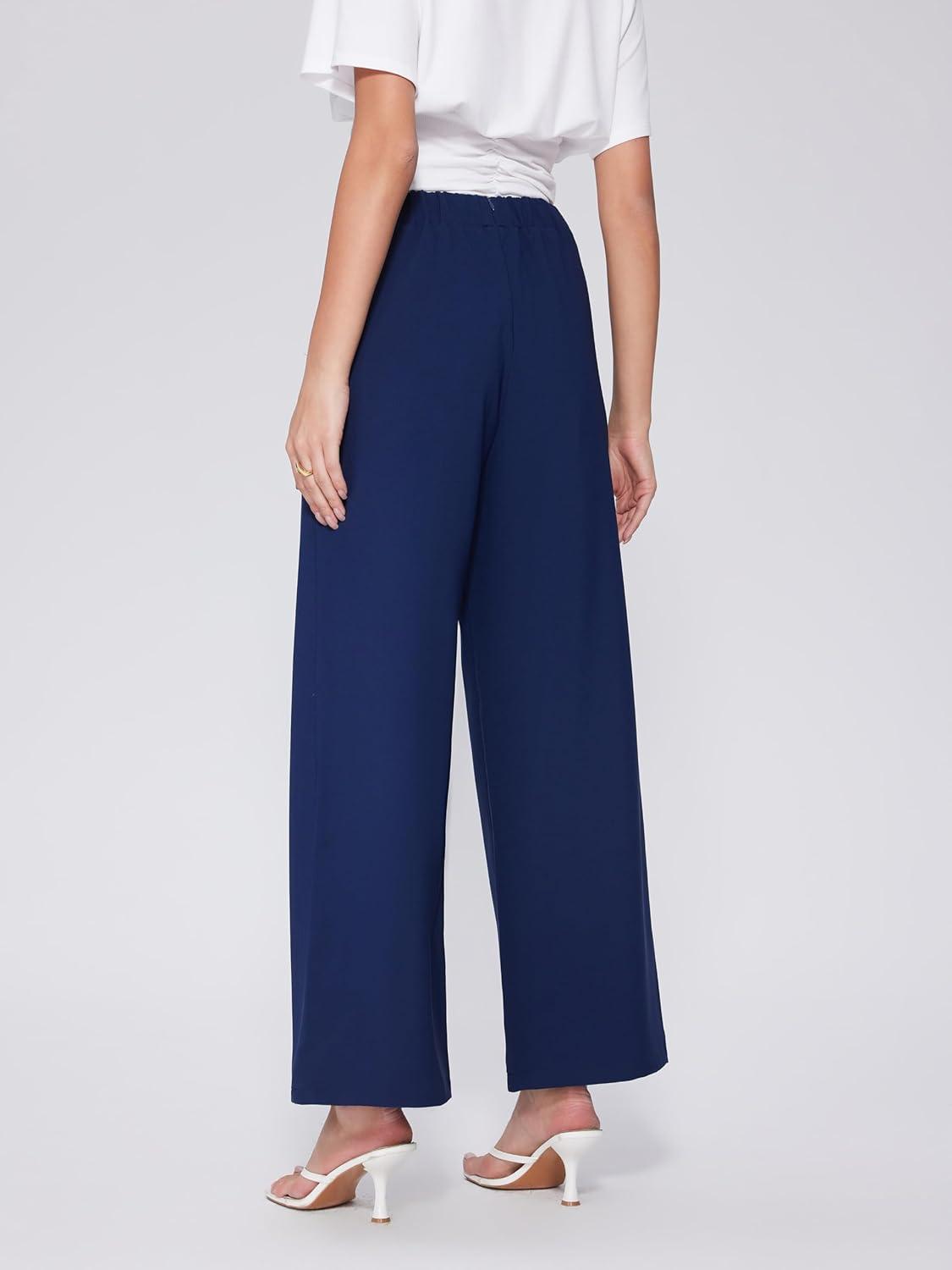 imageVinova Womens Dressy Pants Straight Wide Leg High Waisted Buttoned Stretchy Work Business Casual Outfits 2025Navy Blue