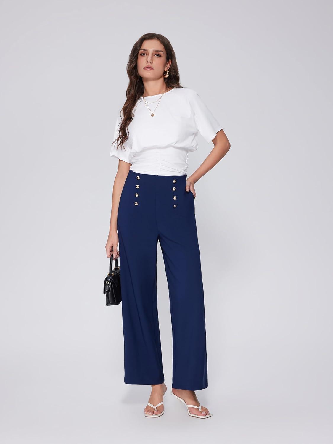 imageVinova Womens Dressy Pants Straight Wide Leg High Waisted Buttoned Stretchy Work Business Casual Outfits 2025Navy Blue