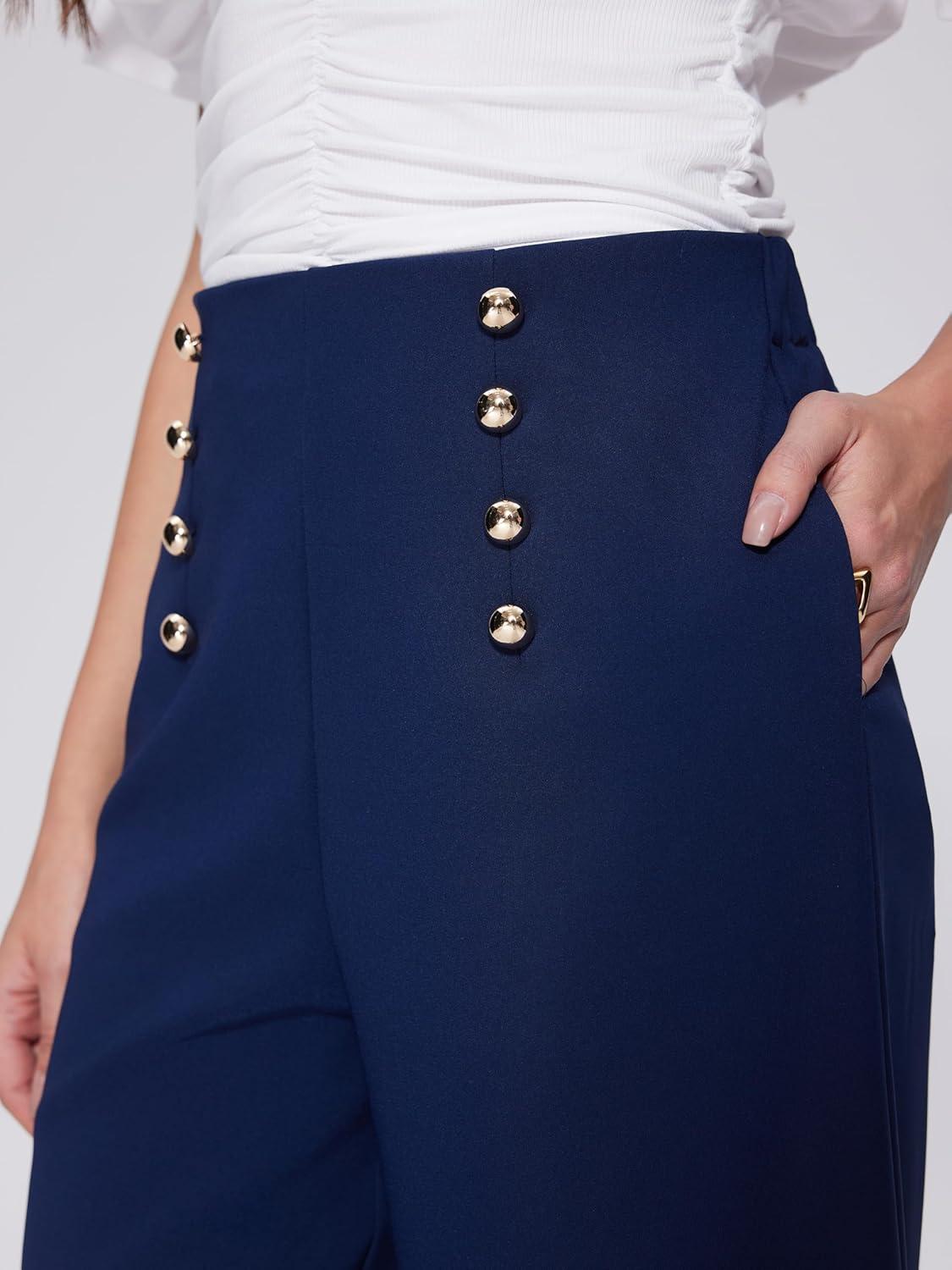 imageVinova Womens Dressy Pants Straight Wide Leg High Waisted Buttoned Stretchy Work Business Casual Outfits 2025Navy Blue