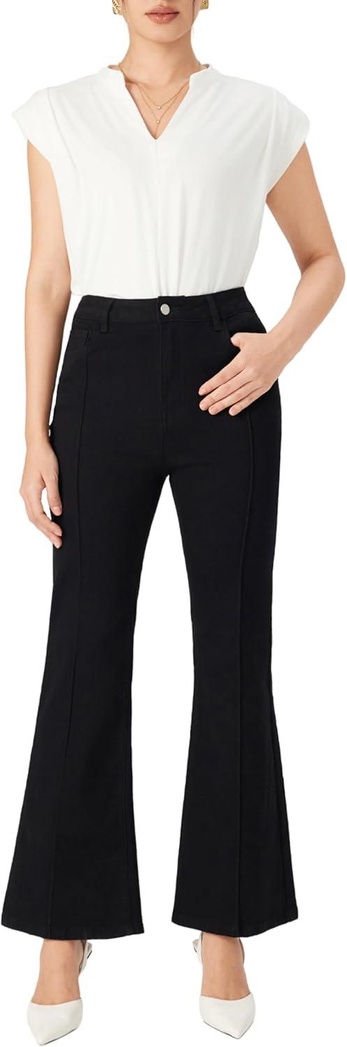imageVinova Womens High Waist Flare Jeans Bell Bottom Denim Pants Vintage Stretch JeansBlack