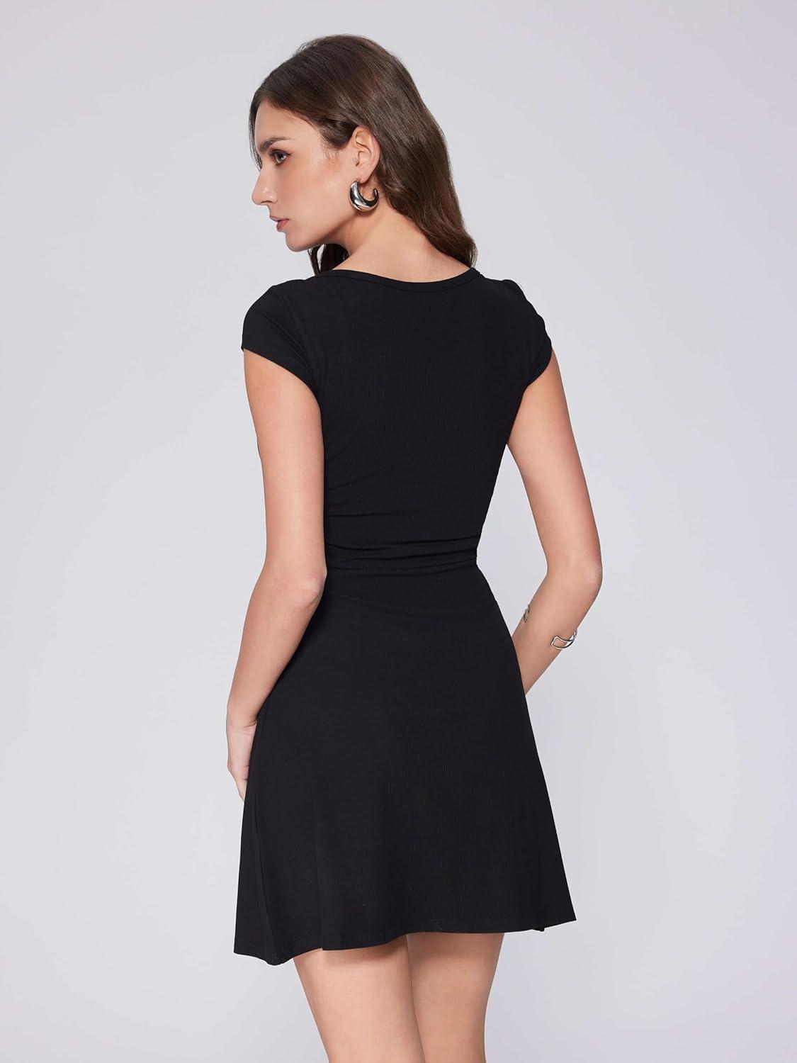 imageVinova Womens Mini Dress Summer Short Cap Sleeve Boat Neck Ruched Work A Line Business Casual Dresses Party DressBlack