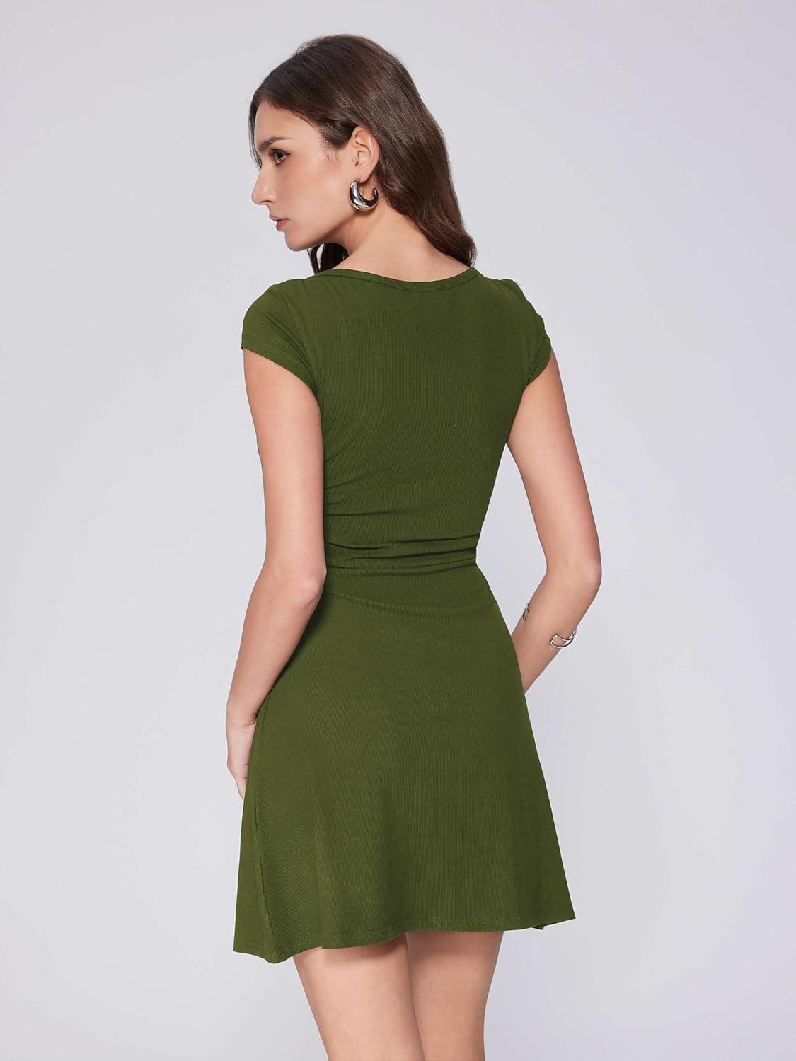 imageVinova Womens Mini Dress Summer Short Cap Sleeve Boat Neck Ruched Work A Line Business Casual Dresses Party DressGreen