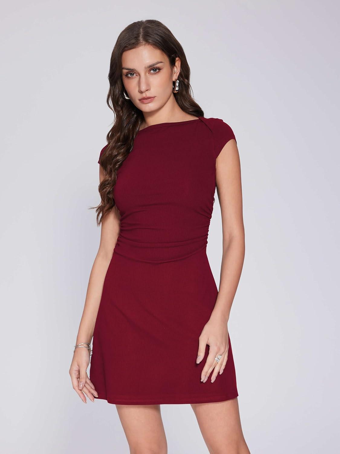 imageVinova Womens Mini Dress Summer Short Cap Sleeve Boat Neck Ruched Work A Line Business Casual Dresses Party DressRed