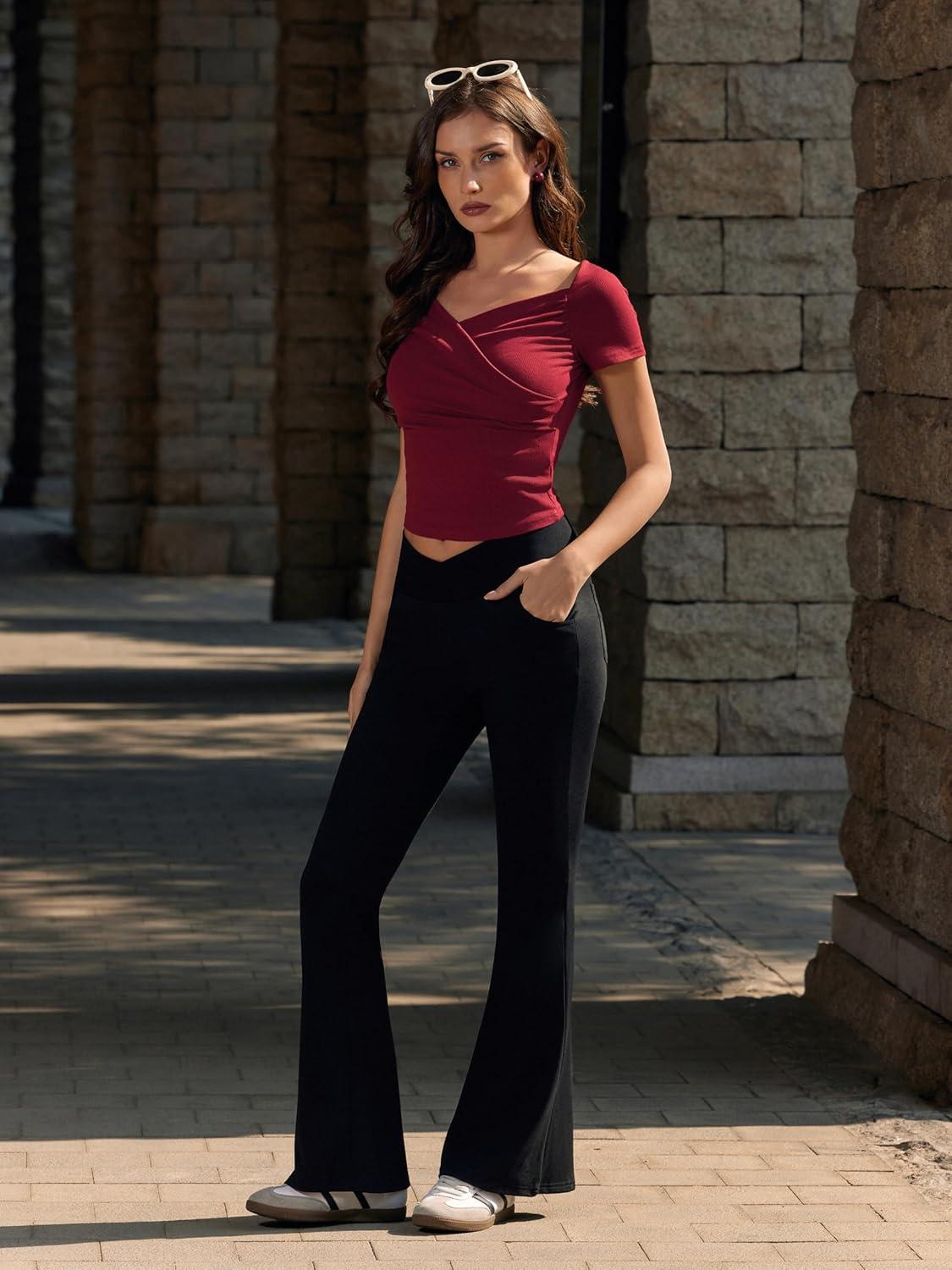 imageVinova Womens Pants Stretchy Flare Leg Bell Bottom Bootcut High Waisted Casual Jeans 2025Black