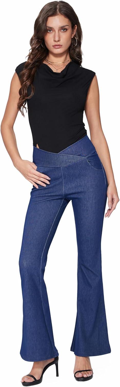 imageVinova Womens Pants Stretchy Flare Leg Bell Bottom Bootcut High Waisted Casual Jeans 2025Dark Denim