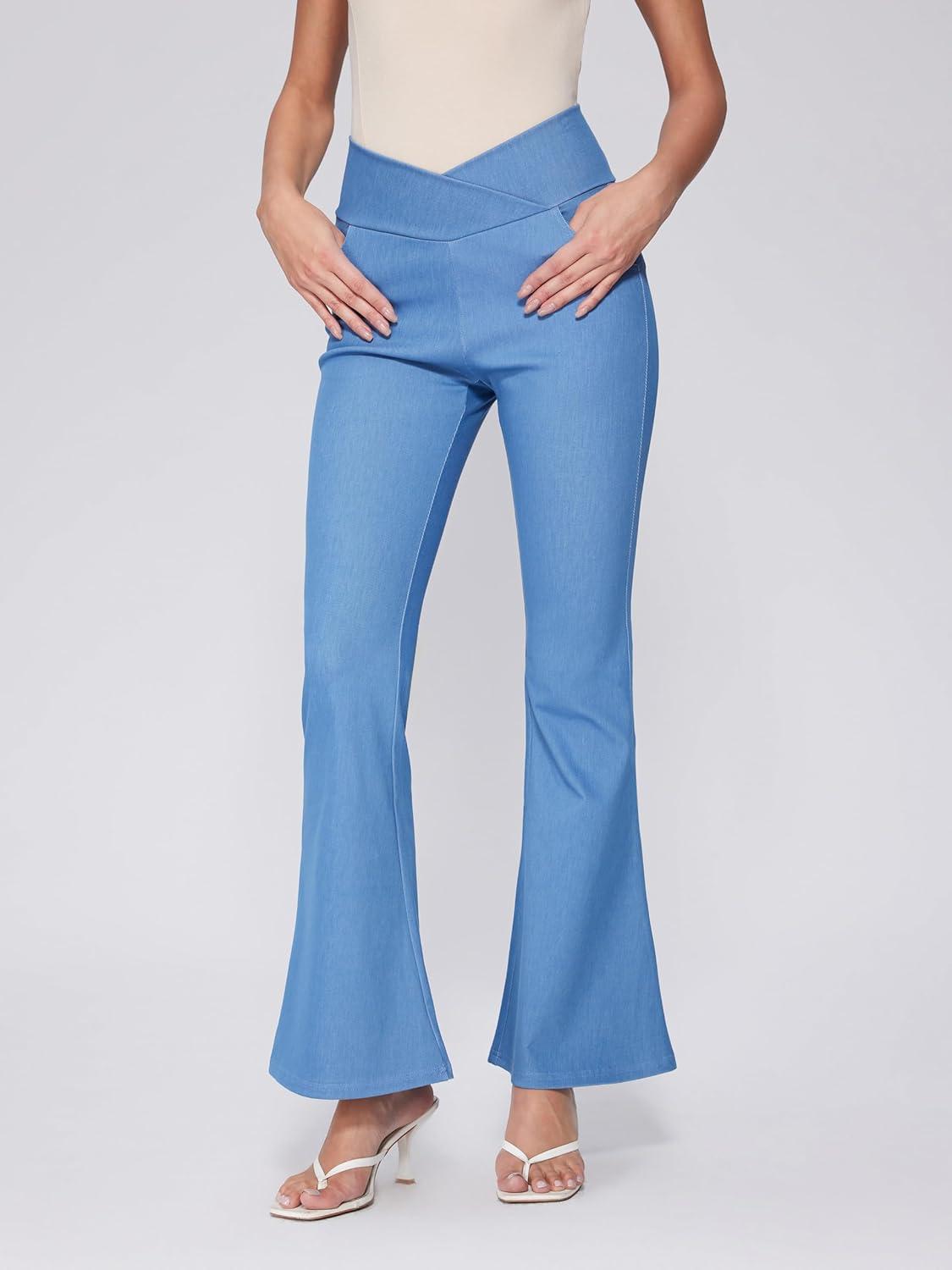 imageVinova Womens Pants Stretchy Flare Leg Bell Bottom Bootcut High Waisted Casual Jeans 2025Denim