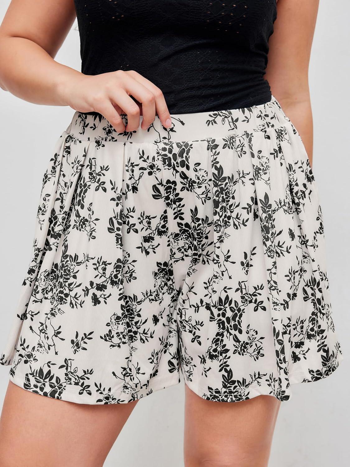 imageVinova Womens Ribbed Knit Pleated Shorts High Waist Casual Shorts