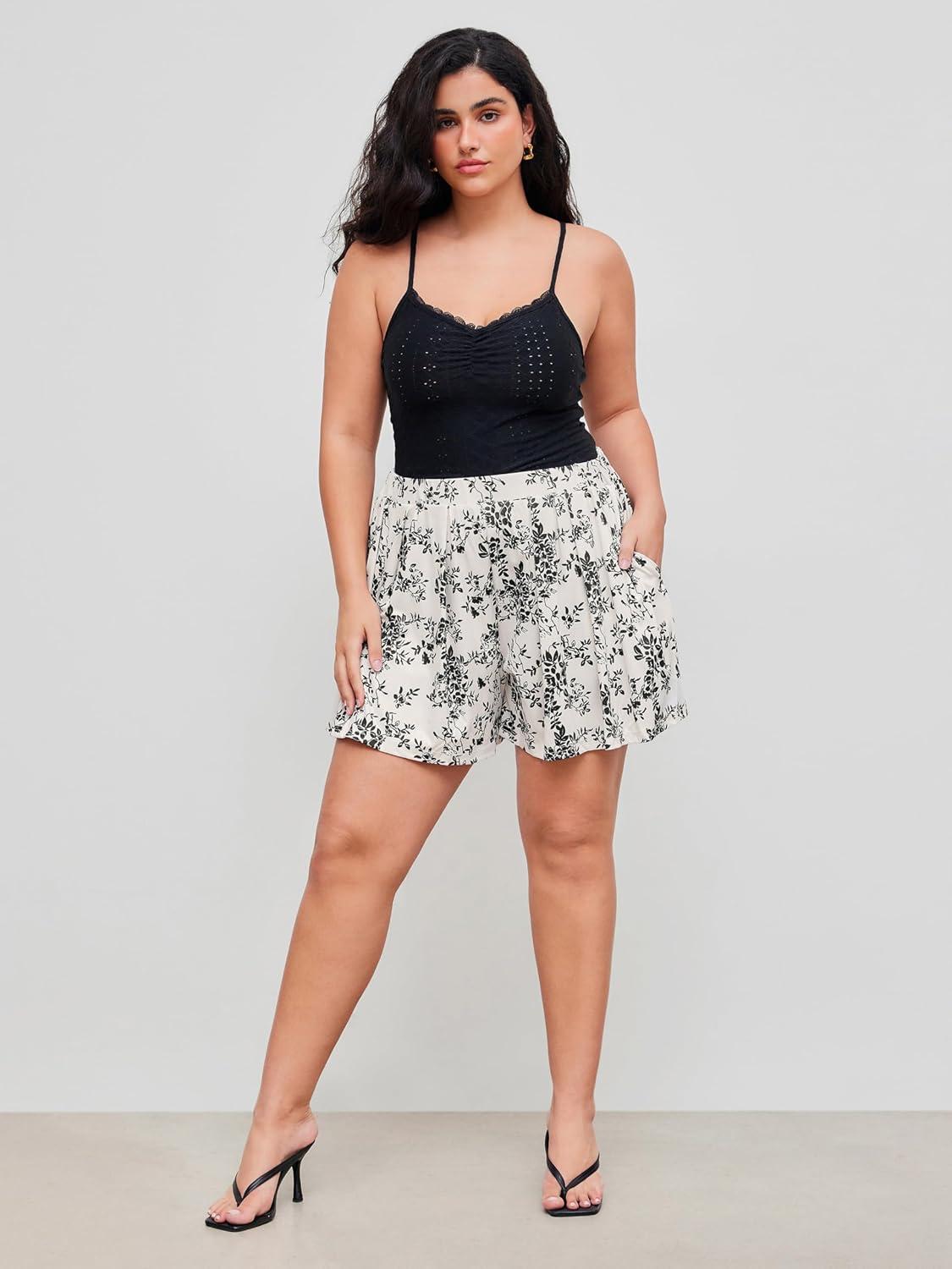 imageVinova Womens Ribbed Knit Pleated Shorts High Waist Casual Shorts