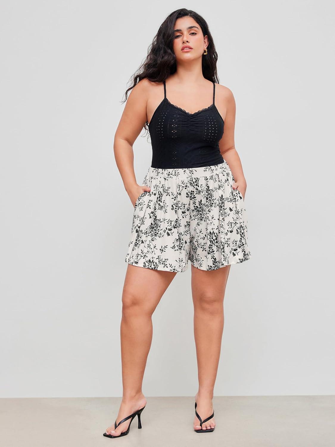 imageVinova Womens Ribbed Knit Pleated Shorts High Waist Casual Shorts