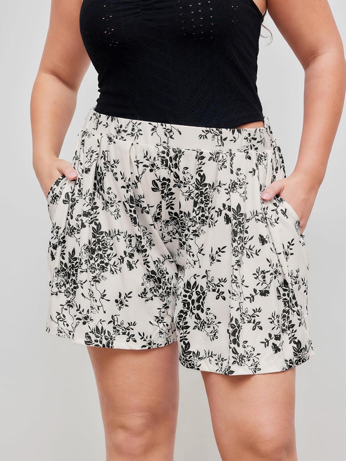 imageVinova Womens Ribbed Knit Pleated Shorts High Waist Casual Shorts