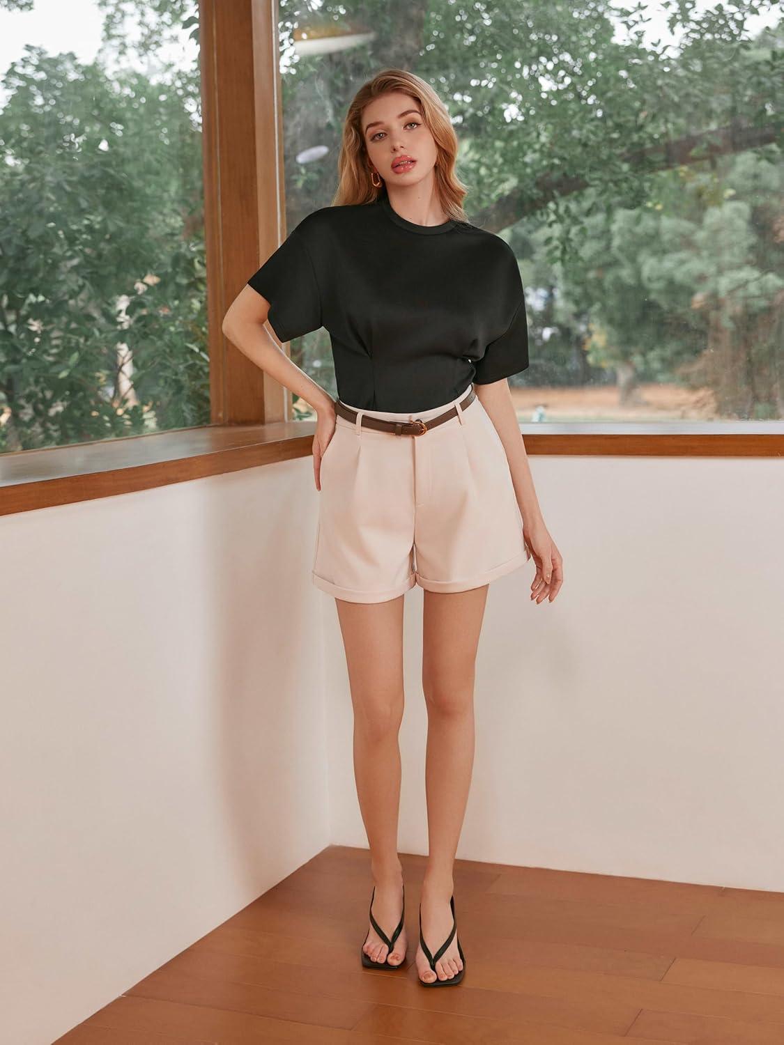 imageVinova Womens Shorts Dressy Casual Pleated Elastic High Waisted Trouser Wide Leg Work Trouser Shorts with Pockets ampamp BeltIvory