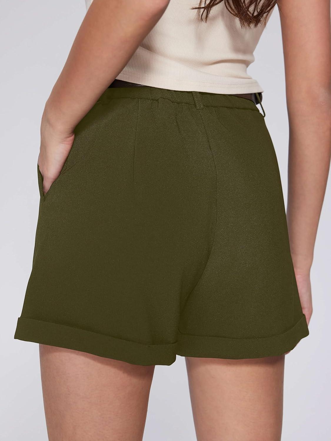 imageVinova Womens Shorts Dressy Casual Pleated Elastic High Waisted Trouser Wide Leg Work Trouser Shorts with Pockets ampamp BeltOlive Green