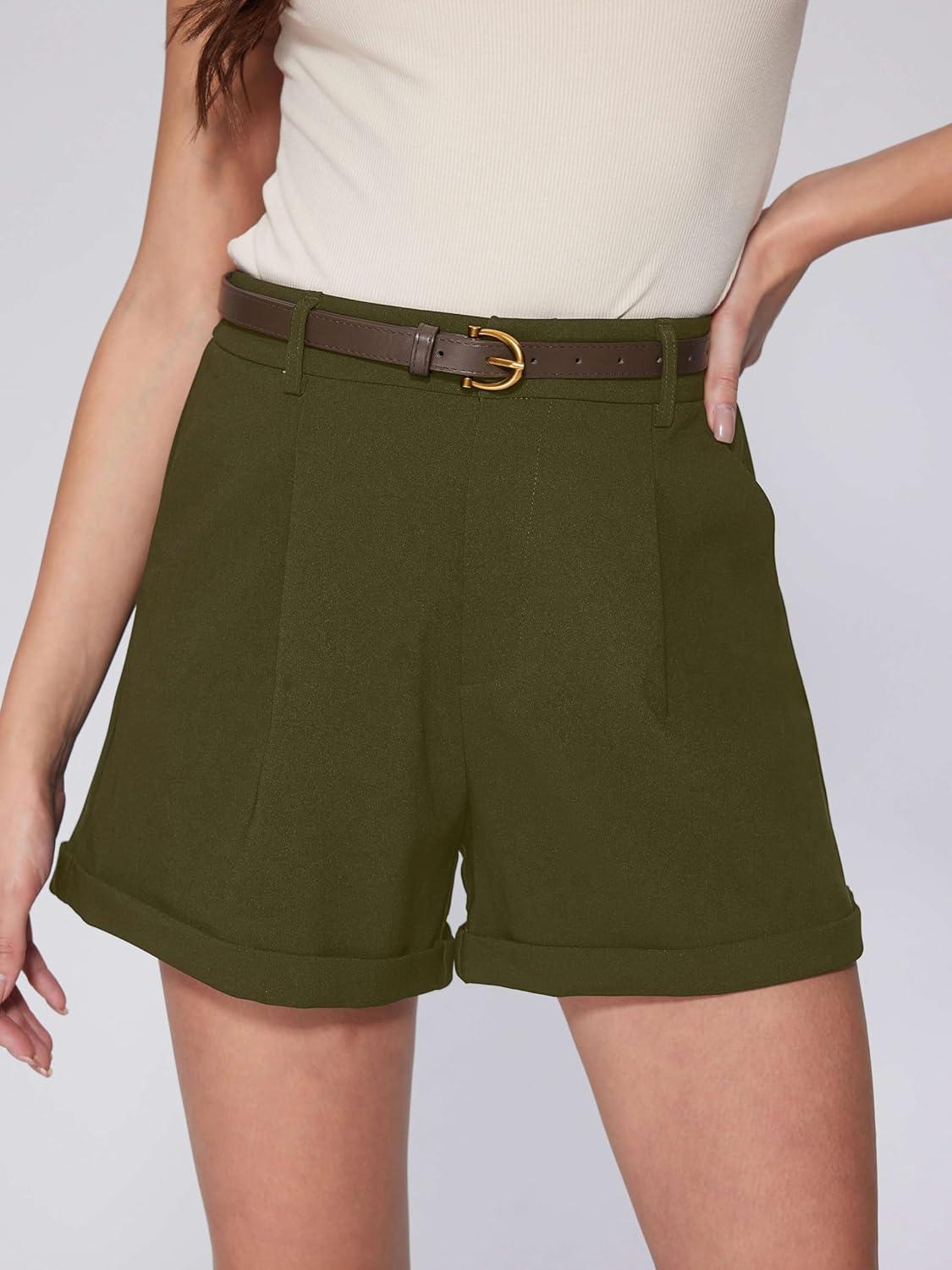 imageVinova Womens Shorts Dressy Casual Pleated Elastic High Waisted Trouser Wide Leg Work Trouser Shorts with Pockets ampamp BeltOlive Green