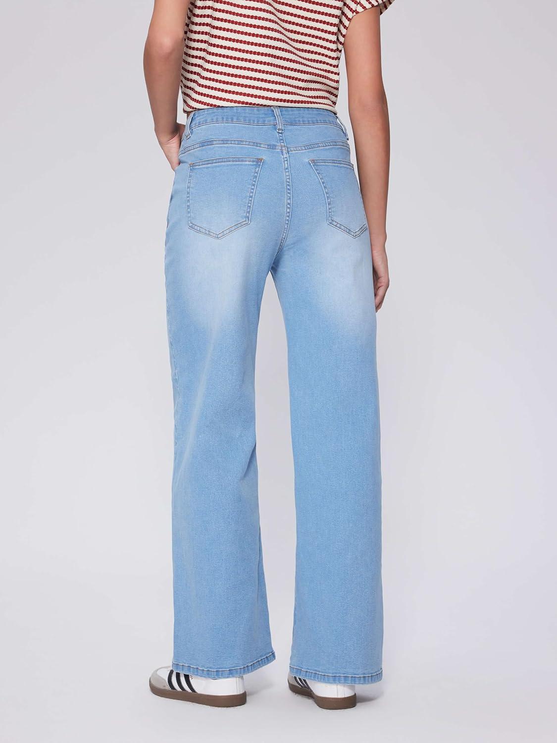 imageVinova Womens Straight Leg Jeans Stretchy Cross Fly High Waisted Wide Leg Baggy Casual Trendy Pants with PocketsBaby Blue