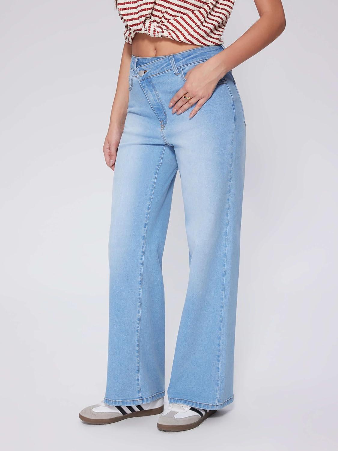 imageVinova Womens Straight Leg Jeans Stretchy Cross Fly High Waisted Wide Leg Baggy Casual Trendy Pants with PocketsBaby Blue