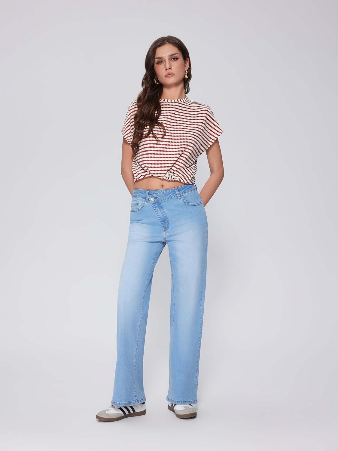 imageVinova Womens Straight Leg Jeans Stretchy Cross Fly High Waisted Wide Leg Baggy Casual Trendy Pants with PocketsBaby Blue