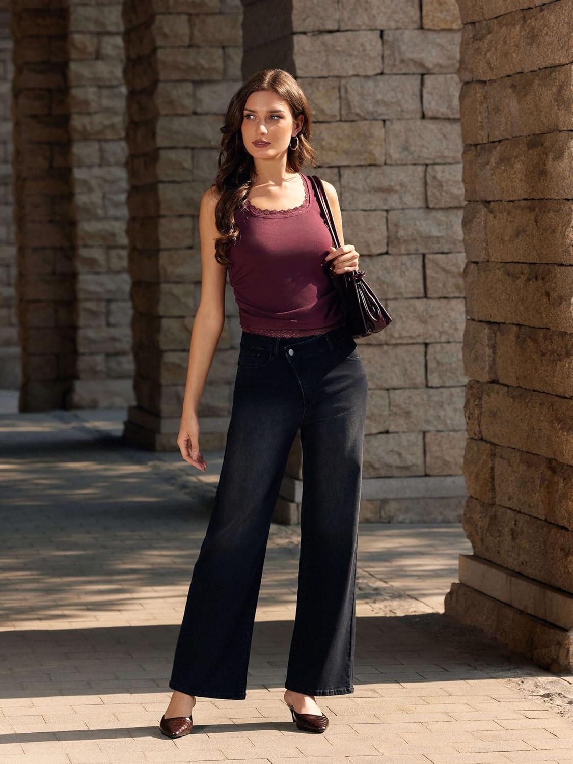 imageVinova Womens Straight Leg Jeans Stretchy Cross Fly High Waisted Wide Leg Baggy Casual Trendy Pants with PocketsBlack