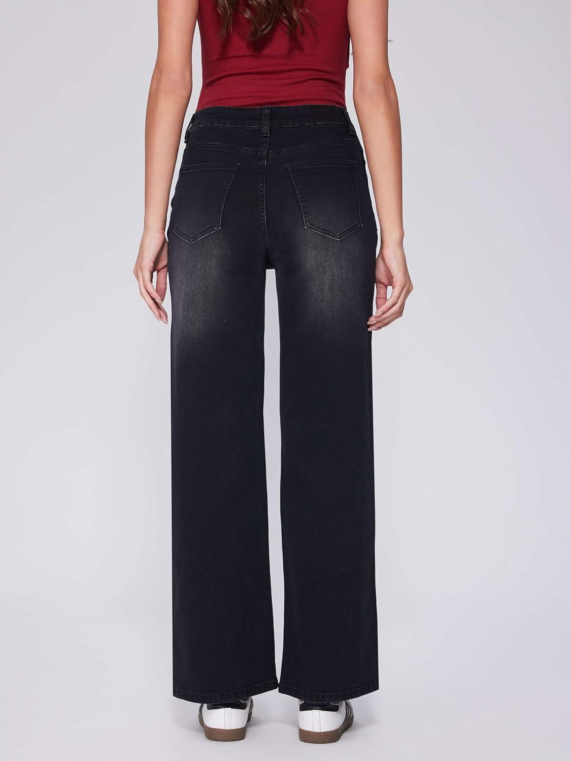 imageVinova Womens Straight Leg Jeans Stretchy Cross Fly High Waisted Wide Leg Baggy Casual Trendy Pants with PocketsBlack