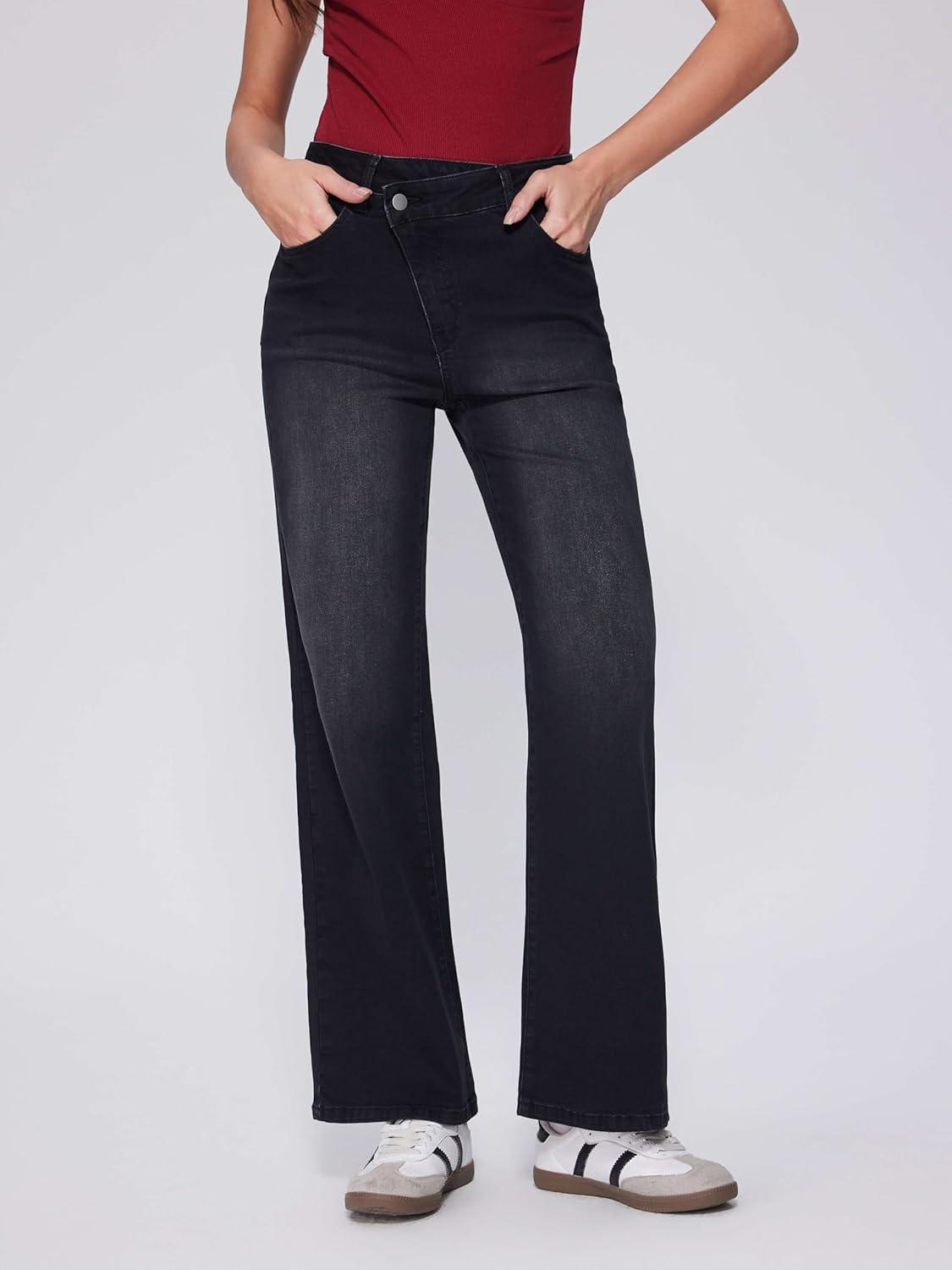 imageVinova Womens Straight Leg Jeans Stretchy Cross Fly High Waisted Wide Leg Baggy Casual Trendy Pants with PocketsBlack