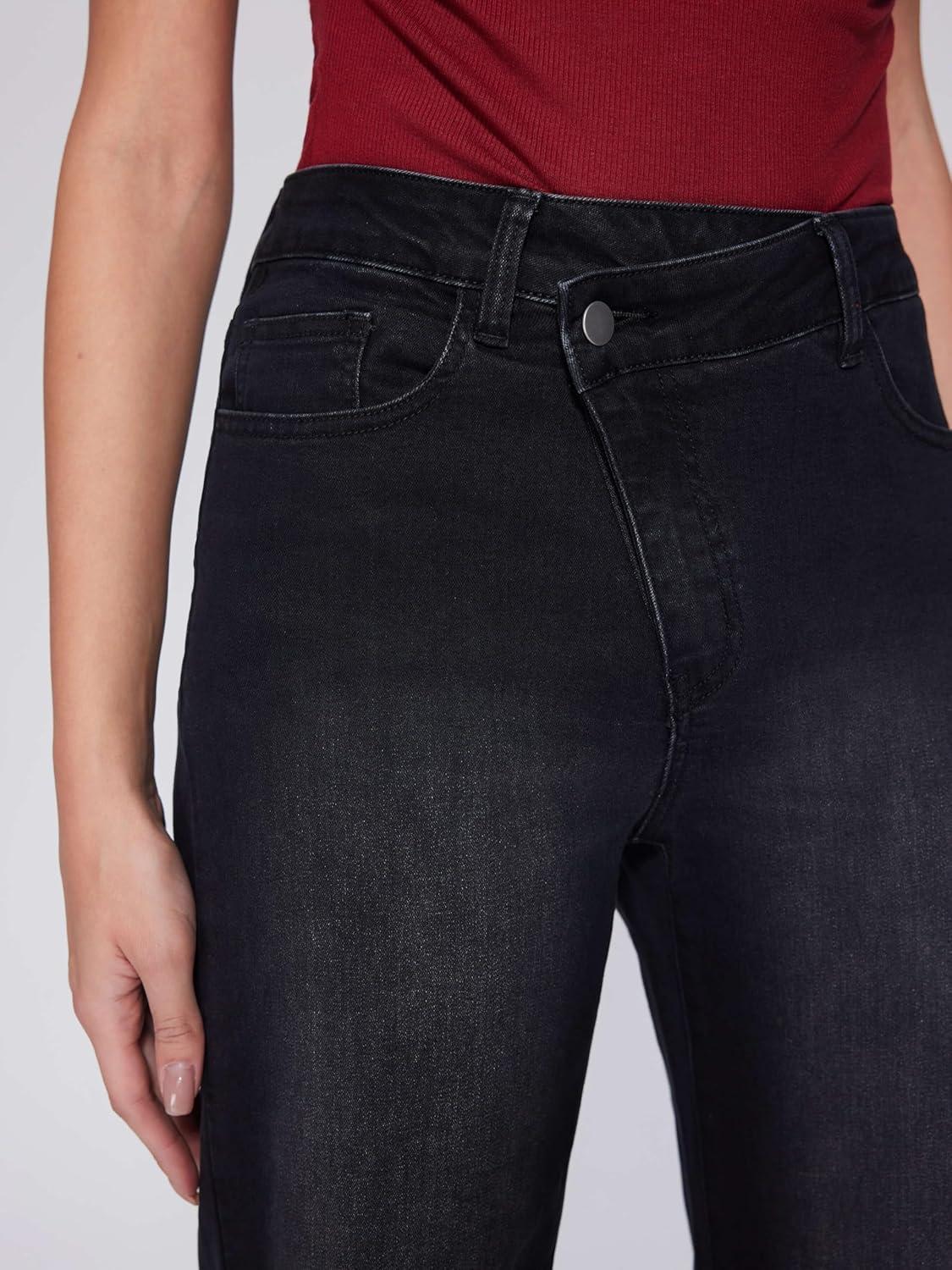 imageVinova Womens Straight Leg Jeans Stretchy Cross Fly High Waisted Wide Leg Baggy Casual Trendy Pants with PocketsBlack