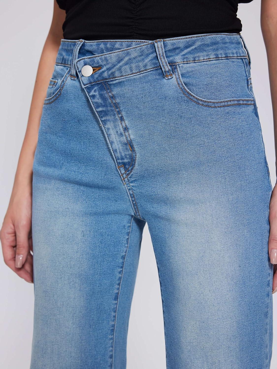 imageVinova Womens Straight Leg Jeans Stretchy Cross Fly High Waisted Wide Leg Baggy Casual Trendy Pants with PocketsIndigo